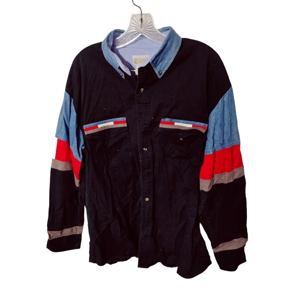 Vtg 90s Express Rider Colorblock Western Shirt XL Black Red Denim